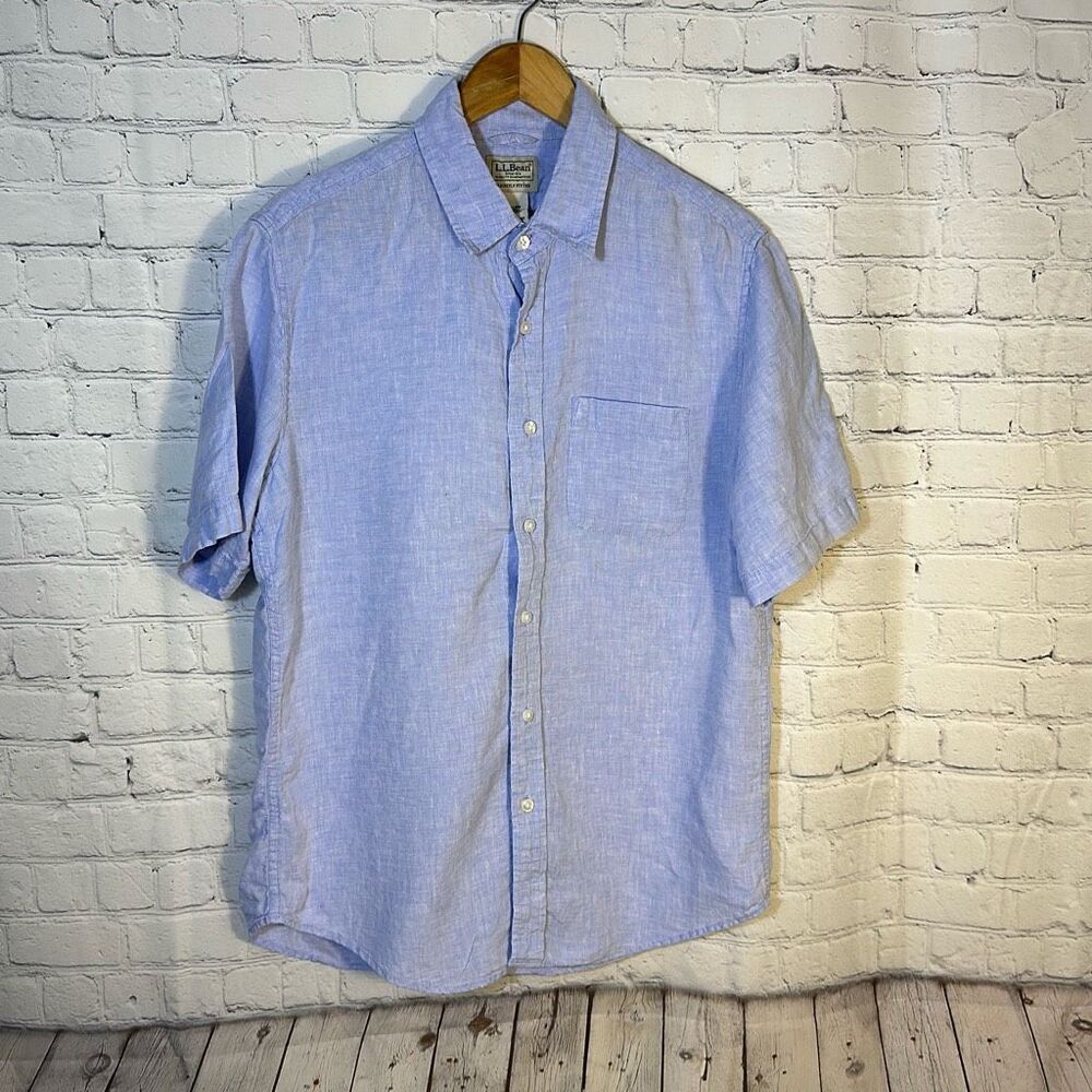 LL Bean Blue Linen Button Down Shirt‎ size M Medium Short Sleeve FLAW
